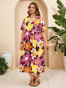 EMERY ROSE 大码女式碎花圆领短袖口袋休闲连衣裙 - 彩色 - 查看 4