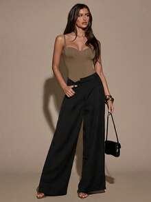 SHEIN BAE Women's Solid Color Casual Versatile Daily Wear Bodysuit - Khaki - View 3