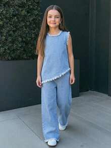 女童（小号）新款休闲时尚简约设计水洗牛仔套装 - 淺色水洗藍 - 查看 1