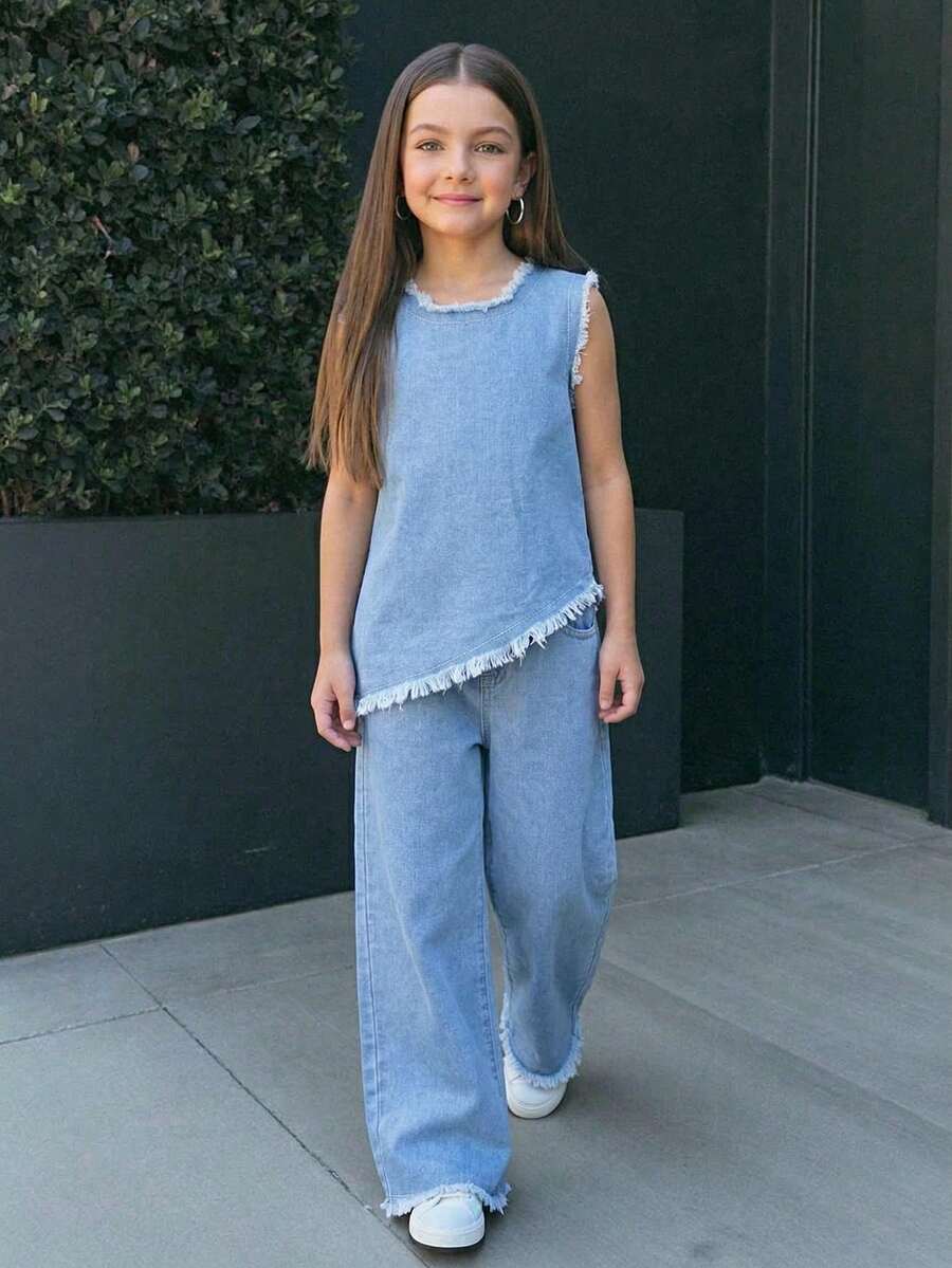 女童（小号）新款休闲时尚简约设计水洗牛仔套装 - 淺色水洗藍 - 查看 1