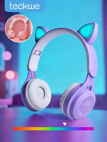Teckwe Casque d'écoute sans fil pliable à oreilles de chat avec changement de couleur, avec microphone intégré, commandes tactiles et longue durée de vie de la batterie. Convient aux enfants/cadeaux