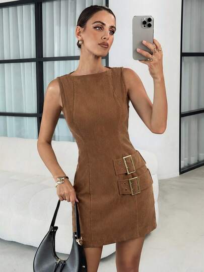 Lavishia Women's Autumn/Winter Corduroy Mini Dress With Button Decoration, ,Summer Clothes,Summer Outfit For Women Summer Dress