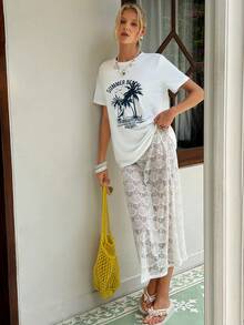 MainGRL 女士假日棕榈树字母印花短袖T恤和迷你裙两件套 - 白色 - 查看 6