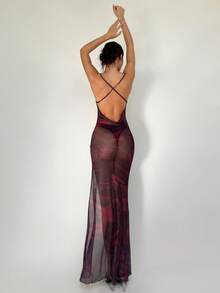 Aloruh 女士度假性感扎染印花不对称深 V 领高开叉透视修身连衣裙 - 彩色 - 查看 3