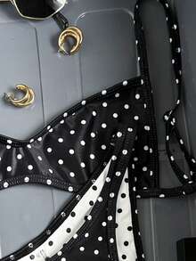 Swim Vcay 2026 New Women's Summer Beach Vacation Elegant Spaghetti Strap Backless Sexy Reversible Black & White Polka Dot Print High Cut Hollow Out Bikini Swimsuit Set - Multicolor - View 5