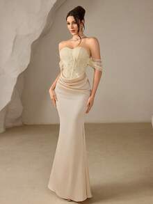 Coutiva 女士露肩高端晚礼服，珠饰奢华优雅派对礼服 - 杏色 - 查看 5