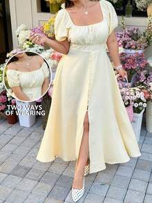 GalTyme Đầm cỡ lớn kẻ sọc tre dệt phẳng, chất liệu vải độc đáo, trang trí bằng cúc. - Màu vàng - Xem 3