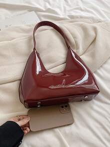 Túi đeo vai lưỡi liềm bằng da sơn mài màu đỏ phong cách Hàn Quốc, Túi xách nữ, Túi đeo nách thời trang, Chất lượng tốt - Màu Đỏ Sâu - Xem 9