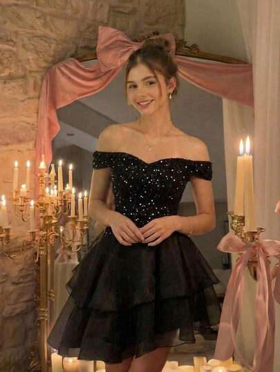 SHEIN MOD Vestido negro de mujer con hombros descubiertos y lentejuelas, con falda de doble capa de organza con volantes - Vestido brillante para el Día de San Valentín, cumpleaños, ocasión elegante, invitada de boda, crucero, cita nocturna, picnic, fiesta, baile de graduación, festival y cumpleaños