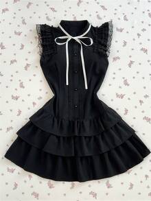 Elamini 女士黑色撞色蕾丝蝴蝶结腰带短袖性感哥特洛丽塔风格迷你连衣裙 - 黑色 - 查看 1