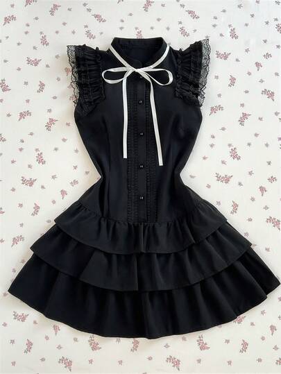 Elamini 女士黑色撞色蕾丝蝴蝶结腰带短袖性感哥特洛丽塔风格迷你连衣裙