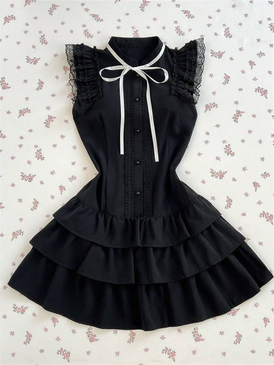 Elamini 女士黑色撞色蕾丝蝴蝶结腰带短袖性感哥特洛丽塔风格迷你连衣裙 - 黑色 - 查看 1