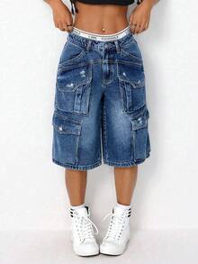 SHEIN ICON Quần short denim ống rộng, dáng rộng, chất liệu denim mài, thích hợp mặc thường ngày cho nữ. - Rửa tối - Xem 3