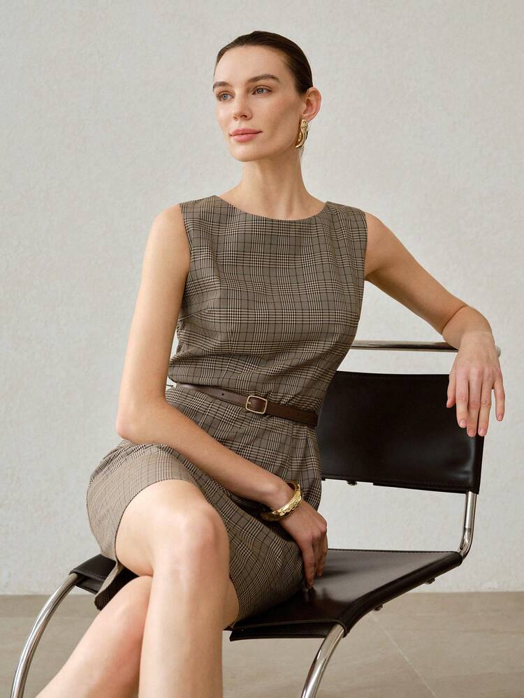 PLAID SLEEVELESS ELEGANT COMMUTER BELTED CASUAL SHORT DRESS