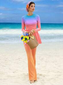 Swim Shayni New Summer Women Crew Neck Long Sleeve Waist Cinched Dress & Wide Leg Pants Ombre Print Casual Vacation Burkini Set - Multicolor - View 4