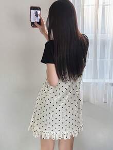 FRIFUL Women's Polka Dot Print Patchwork Ruffle Hem Front Tie Casual Slip Camisole Summer - Apricot - View 8
