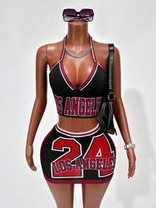 Mistrie Summer New Black & Red Contrast 24 Number & Letter Print Mini Skirt, Basketball Theme Party - Multicolor - View 3