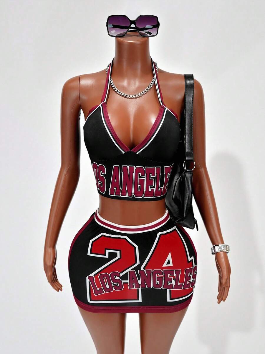 Mistrie Summer New Black & Red Contrast 24 Number & Letter Print Mini Skirt, Basketball Theme Party - Multicolor - View 1