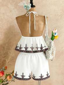 SHEIN LUNE Boho Floral Print 2 Pieces Casual Vacation Outfit For Women, Spring/Summer - White - View 3