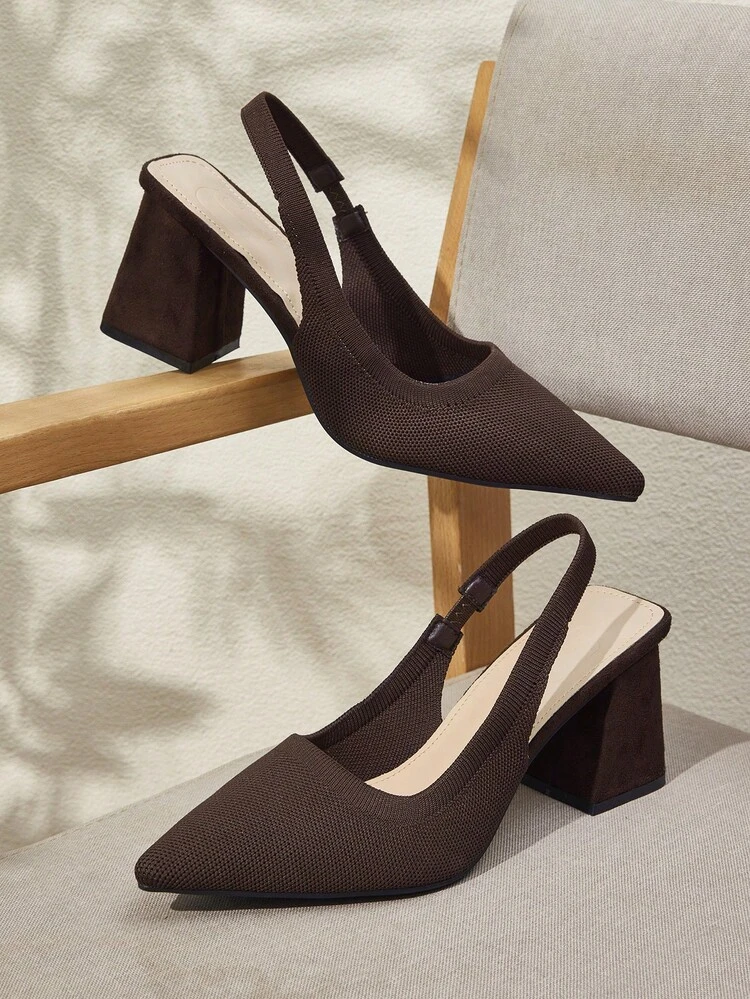 CUCCOO BASICS Women's Fashion Coffee Color Back Strap Thick Heel Pointed Toe PU Leather Commuting Casual Slingback Shoes Suitable For Dating, Party, Vacation For Christmas Spring Shoes