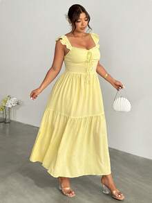 Firerie 大码优雅纯色无袖连衣裙 - 黃色 - 查看 7