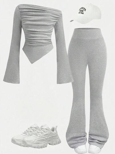 SHEIN Girlism Plain Light Grey Long-Sleeve Tee And Flared Pants Co-Ords For Tween Girls Grey Outfit Set Pants And Top Set Grey Two Piece Outfit Grey Set Outfit Grey Two Piece Set Grey Girl Outfit Fall Winter