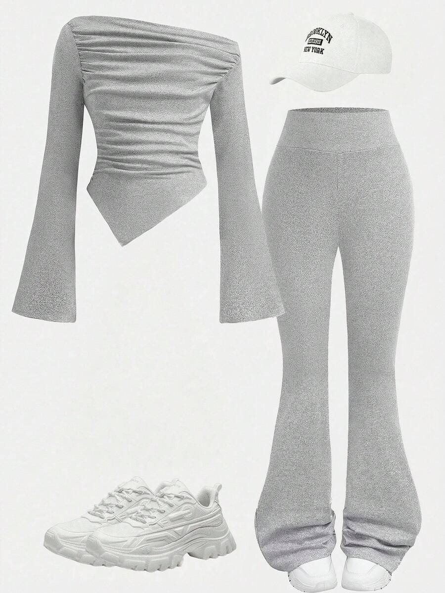 SHEIN Girlism Conjunto informal de 2 piezas para niña preadolescente: Camiseta ajustada de manga larga acampanada con pliegues en gris claro y pantalones acampanados para usar en casa, al aire libre, como atuendo de viaje en el aeropuerto, y para uso diario casual - Gris Claro - Ver 1