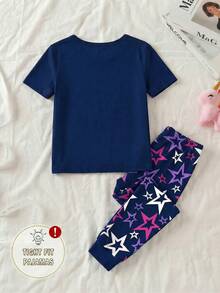 2pcs/Set Young Girl' KPOP Navy Blue Round Neck Short Sleeve Top And Leggings Knit Fabric Soft Stretchy Snug Fit Pajamas Set, Suitable For Spring/Summer Lightweight - Blue - View 2