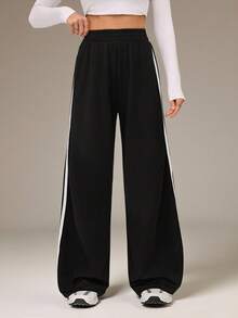 SHEIN Tall 休闲灰色侧条纹长裤 简约时尚 日常休闲 - 深灰色 - 查看 3