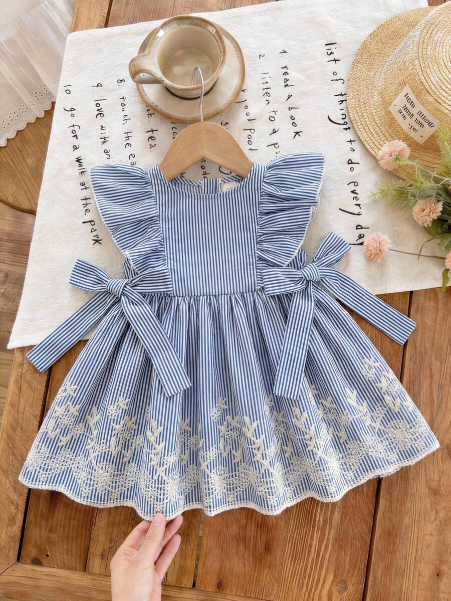 SHEIN LMoss Kids Babygirl Cute Casual Summer Striped Embroidered Peter Pan Collar Dress - Blue - View 1