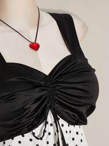 SHEIN ICON 大码女式缎面拼接黑白波点吊带背心 - 黑與白 - 查看 11