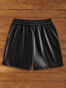 Manfinity VCAY Men's Solid Color PU Leather Drawstring Waist Pocket Casual Shorts - Black - View 3