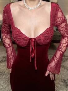 hhfernanda 优雅法式秋季新款丝绒撞色蕾丝红色情人节系列连衣裙，性感派对独特设计长袖迷你连衣裙，女士 - 酒紅色 - 查看 3