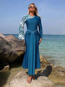 Swim Mulvari Bộ đồ bơi Burkini tay dài in họa tiết đá cẩm thạch dành cho nữ, thời trang lý tưởng cho kỳ nghỉ biển. - Màu xanh lá cây đậm - Xem 1