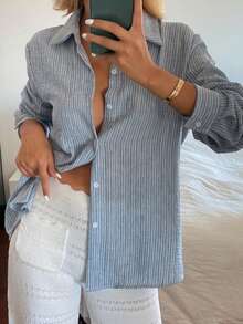 DAZY Women's Casual Striped Collared Long Sleeve Shirt, Blue, Spring/Summer - Blue - View 4