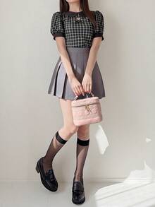 FRIFUL Women's Summer Patchwork Peter Pan Collar Short Sleeve Fitted Casual T-Shirt - Khaki - View 2