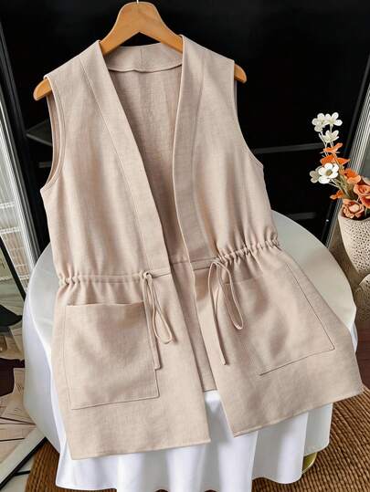 Franclia Chaqueta sin mangas con cintura ceñida, diseño de cárdigan minimalista de cuello en V con cintura ceñida y bolsillos laterales, silueta sin mangas, abrigo trench color caqui para mujer, Primavera/Verano 2026