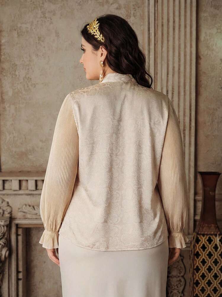 Plus Size Women's Elegant Pleated Sequin Lace Long Sleeve Blouse, Bow Tie Chiffon Shirt For Spring/Summer