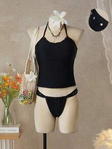 Swim Glamine 女士纯色铆钉装饰露背吊带上衣和三角泳裤套装 - 黑色 - 查看 7