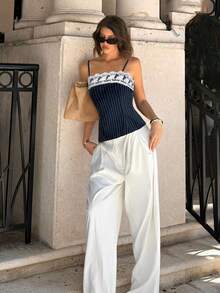 Siren Gaze 2025年春夏新款女士蕾丝边吊带背心，独特简约短款露脐吊带背心 - 藏蓝色 - 查看 8