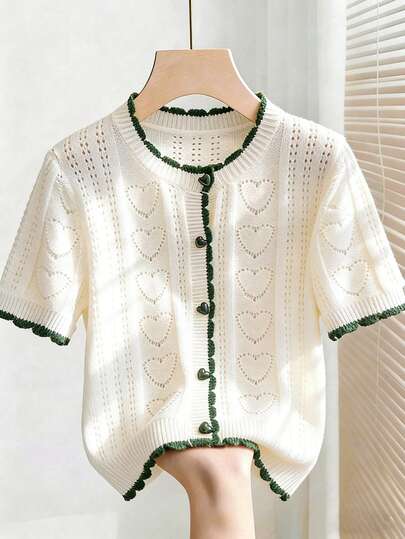 Franclia Casual Loose Round-Neck Short Sleeve Knit Top With Heart Cutouts And Color-Blocked Edges In Beige For Women's Spring/Summer, Summer Top Summer Outfit For Women Going Out Tops For Women Casual Outfit For Women White Top Knitted Tops Summer Tops Women Knit Tops