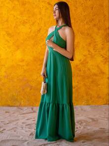 Andrea Bello 新款春夏休闲交叉挂脖前镂空露背收腰蛋糕裙A-Pulse 长裙绿色纹理面料女式长裙-A - 綠色 - 查看 3