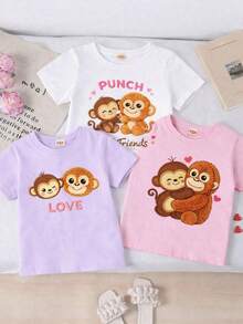 Conjunto de 3 playeras para niña de manga corta, informal de punto suave con  Del Monito Viral Punch Y Su Peluche - Multicolor - Ver 1