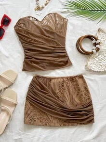 Soleia Bandeau Lace Mesh Corset Bustier Top, Coffee Brown Seductive Hollow Embroidered Shapewear, Nightclub Outfits Women, Summer, Holiday, Vacation - Khaki - View 4