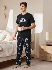 Velminro Men's Black Pants And Short Sleeve T-Shirt Gaming Pajama Set, Spring/Autumn Gaming Print Pajama Set Men Pajama Set Men Long Pants Set - Black - View 3