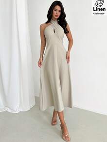 Firerie New Spring/Summer Women Elegant Casual Minimalist Commute & Vacation Dress, Linen-Like Bamboo Texture Halter Neck Cinched Waist A-Line Backless Slimming Maxi Dress, Casual Vacation, Beach, Outdoor Daily Wear, Beach Dress Outfit - Light Grey - View 5