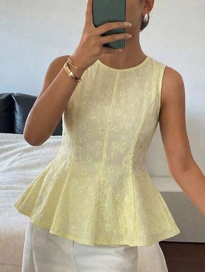 Easowa Women's Fashionable Floral Jacquard Ruffle Hem Sleeveless Blouse, Summer,Casual Clothes Summer Outfits Going Out Tops Women's Yellow Top Waist-Cinching Flared Elegant Top Summer Tops Casual Blouses For Women Going Out Tops For Women  Peplum Top