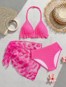 Tween Girl Summer Vacation Beach Solid Textured Halter Bikini Set And Mesh Applique Cover-Up Skirt - Red - View 1