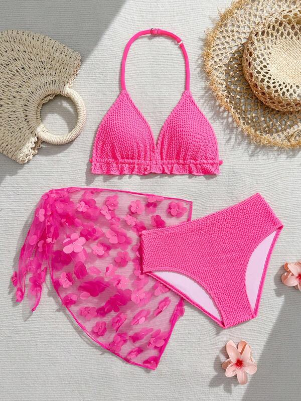 Tween Girl Summer Vacation Beach Solid Textured Halter Bikini Set And Mesh Applique Cover-Up Skirt
