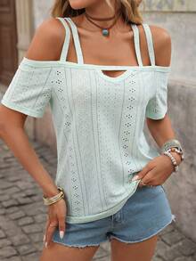 Brillora Women's Casual Boho Solid Color Knit T-Shirt Vacation Mint Green Summer - Green - View 3